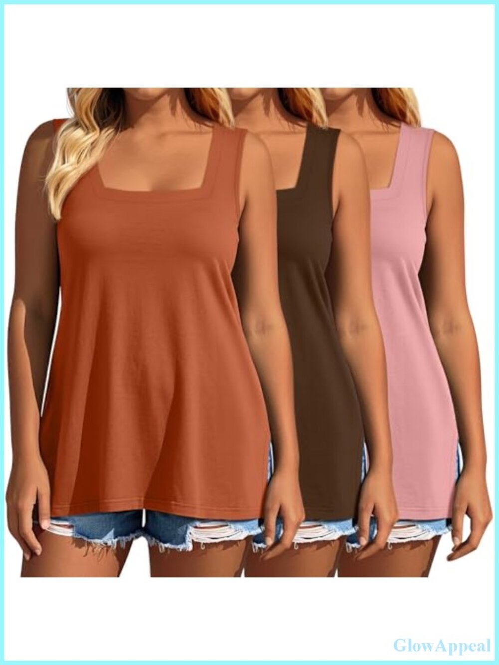 Plus Size 3 Pack Square Neck Sleeveless Tank Tops